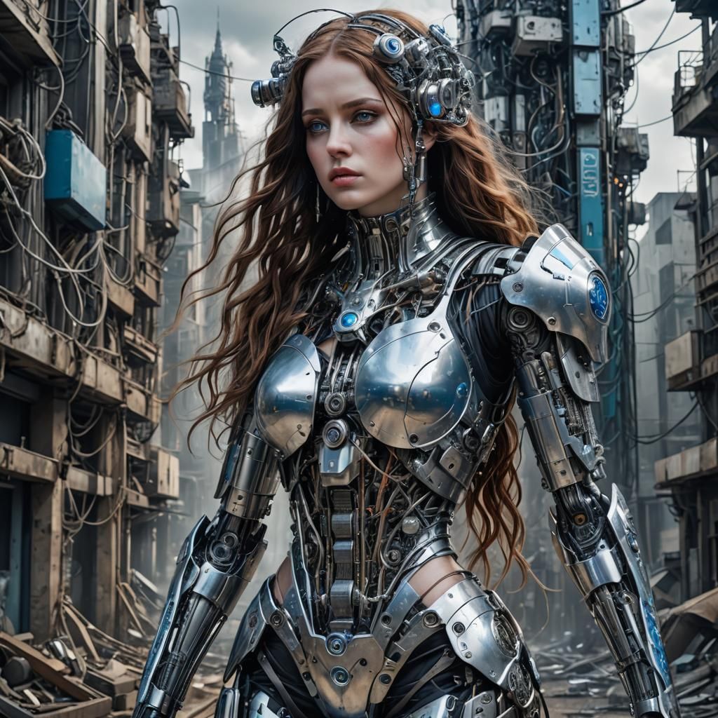 Cyborg Woman Portrait in Dystopian City