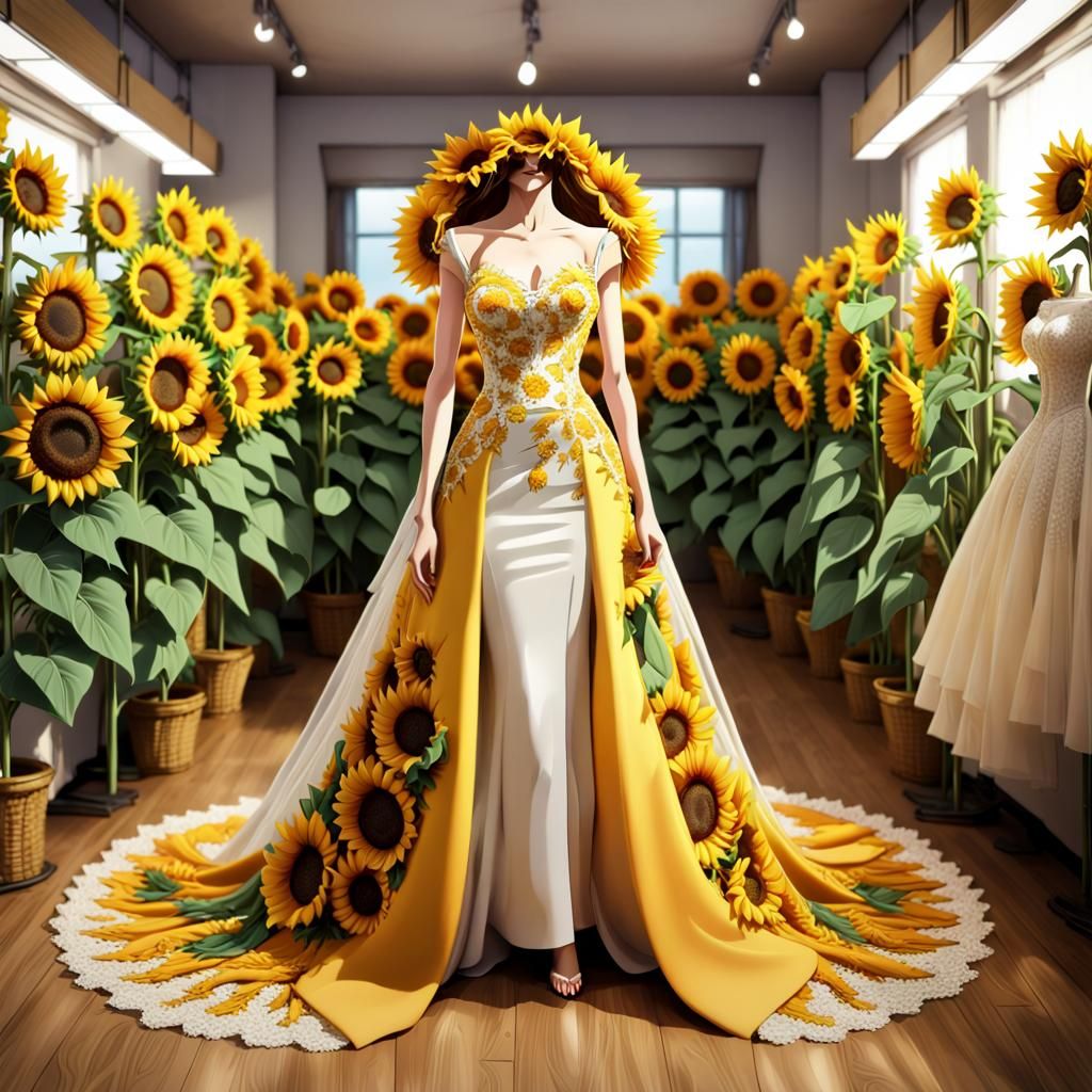 Sunflower Mannequin Displays Elegant Bridal Dress