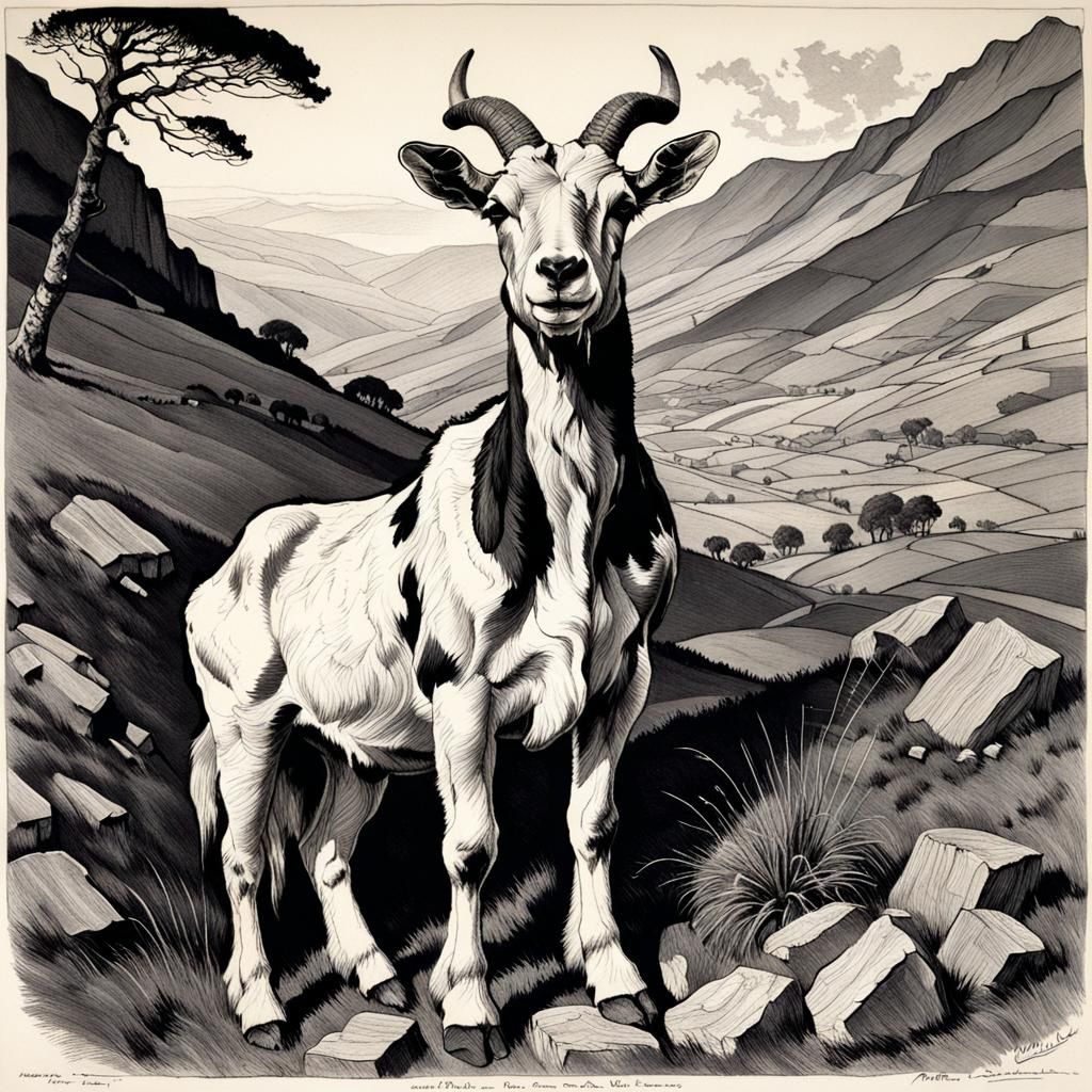 Majestic Patchwork Goat in Pen and Ink