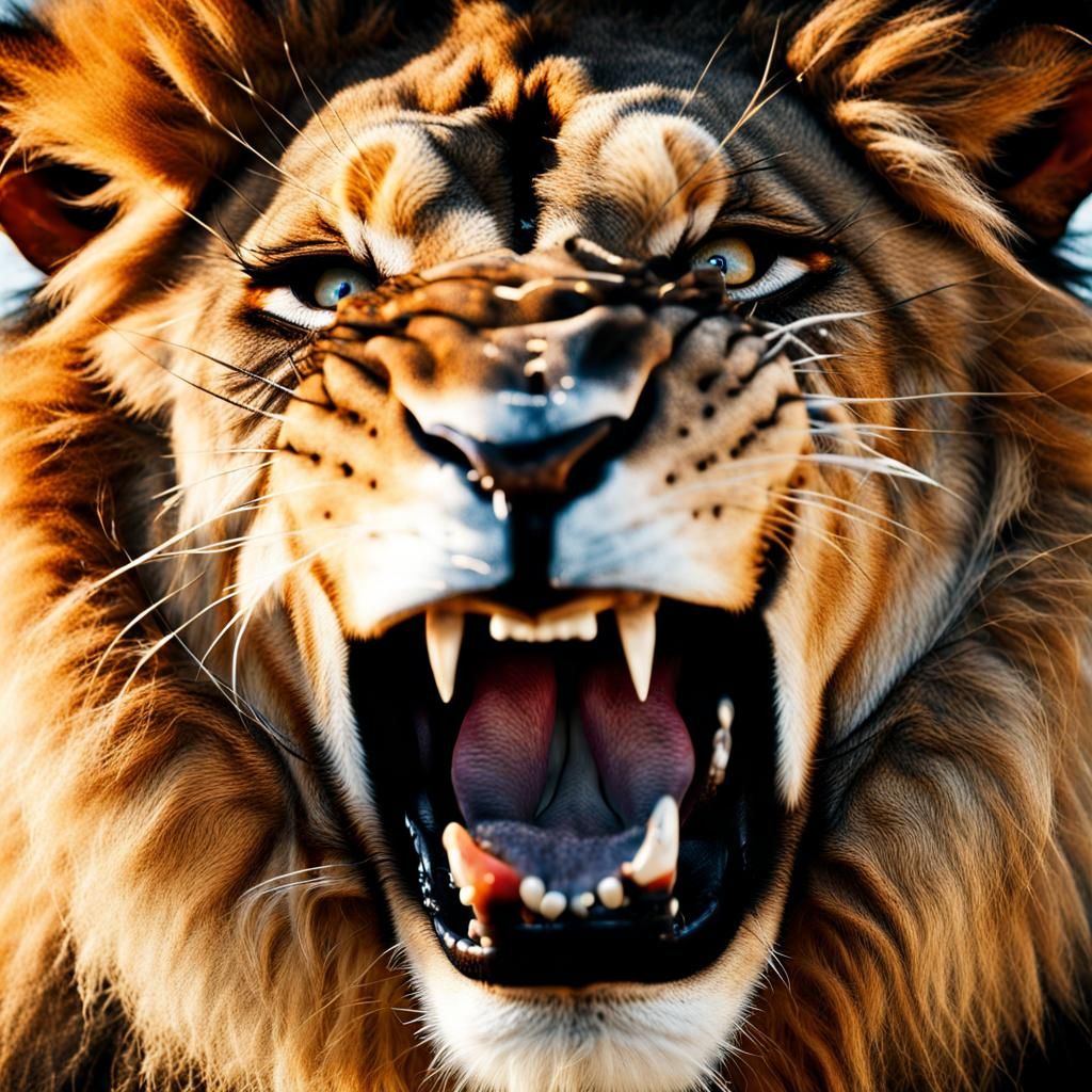 Angry Lion Close-Up in Photorealistic Style
