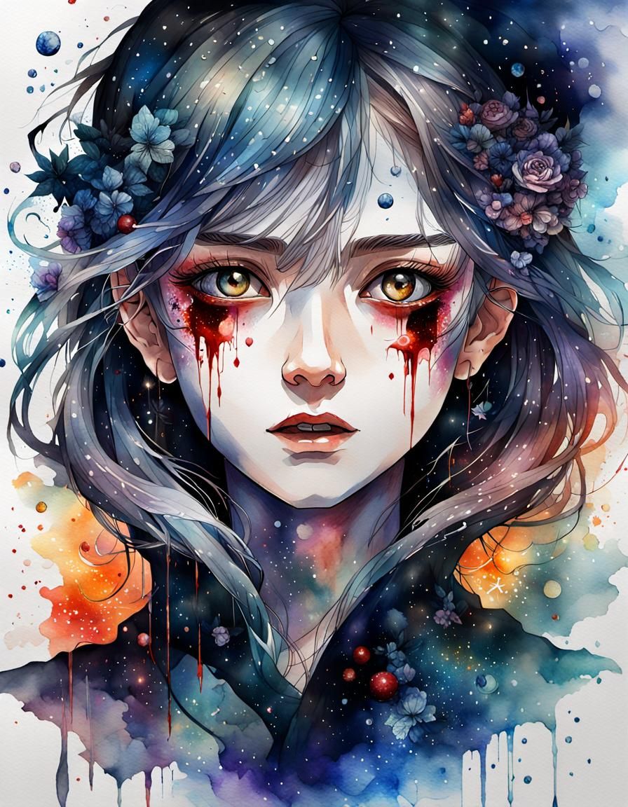 Anguished Vampire Portrait in Watercolor Anime Style