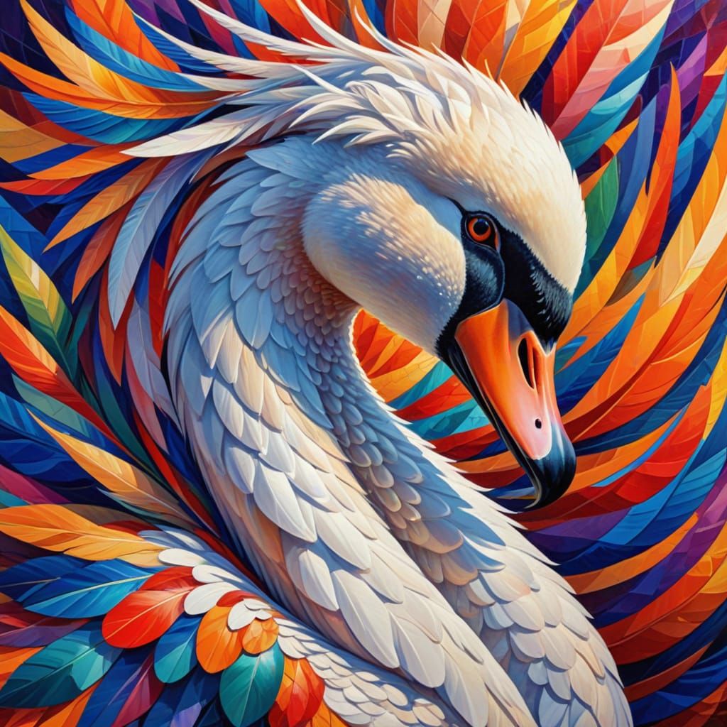 Swan in Colorful Plumage as Abstract Cubist Painting