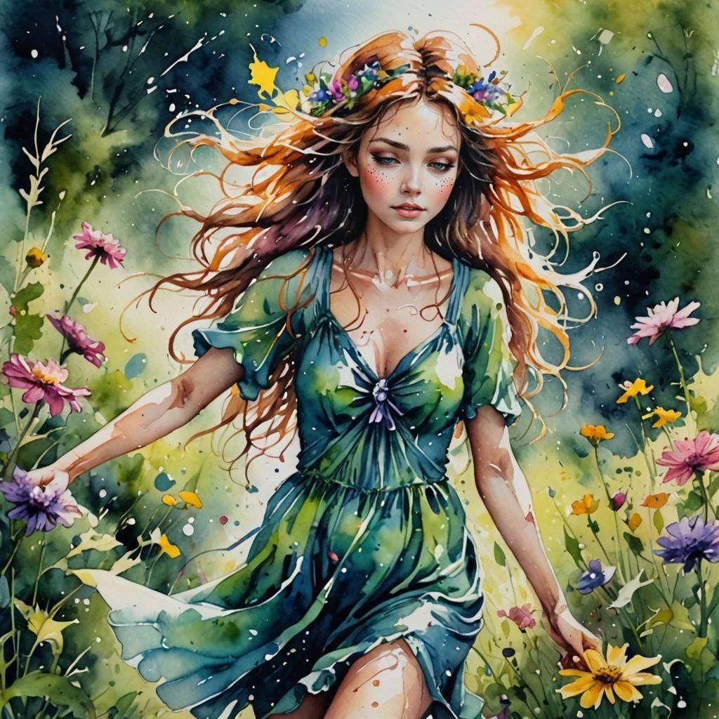 Mischievous Fairy in Watercolor Garden