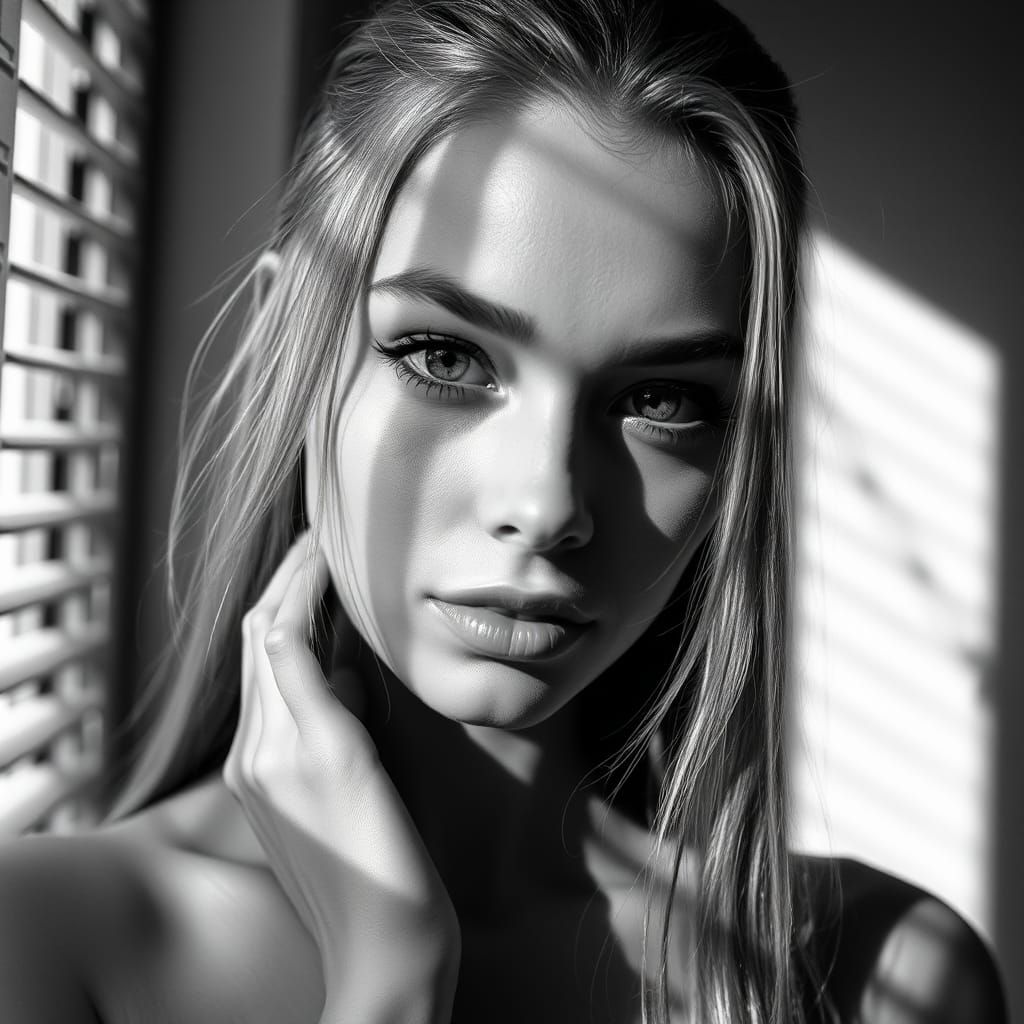 monochrome beautiful young woman, long hair pulled back, fair complexion, (freckles:0.5), full lips, gorgeous skin, look...