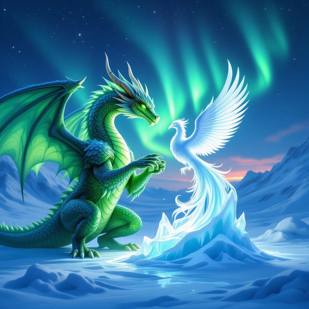 Dragon Sculpting Ice Phoenix Under Aurora