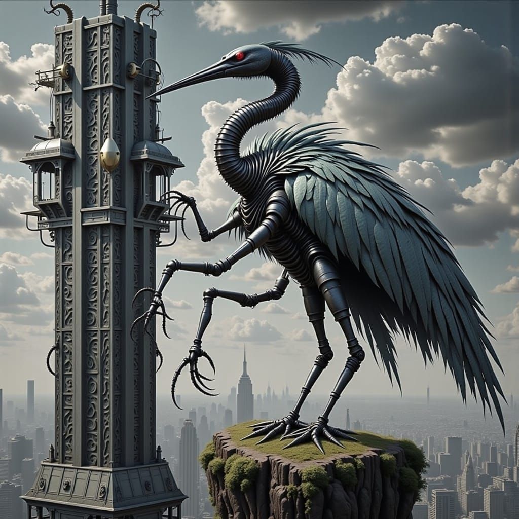 Skyscraper Biomechanical Heron in H.R. Giger Style