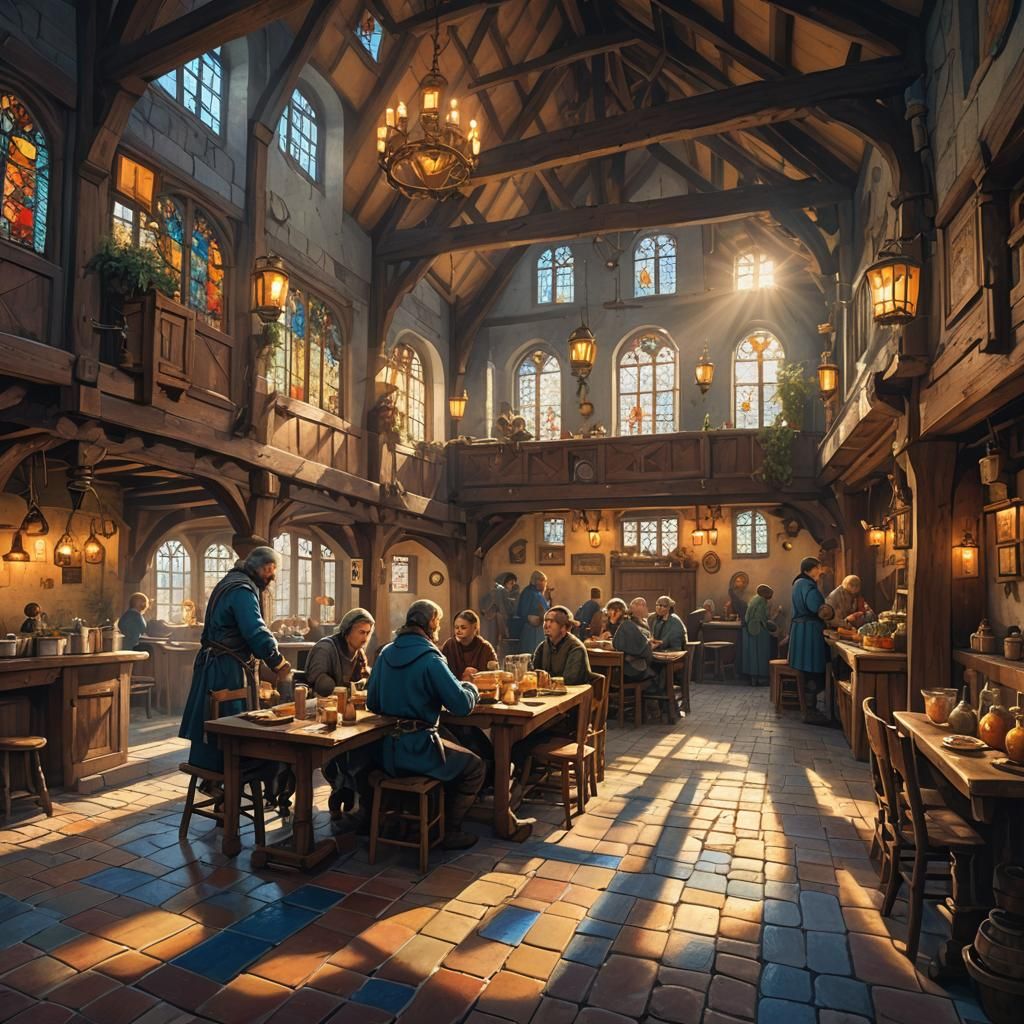 Medieval Inn Breakfast Scene in Matte Painting Style