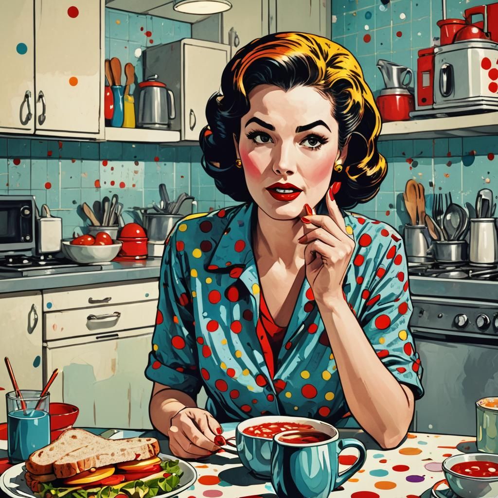 Retro Pop Art Woman at Lunch in Comic Style