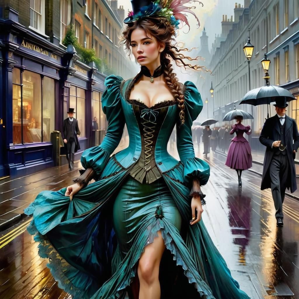 Victorian Woman Walking Down London Street in Anime Style
