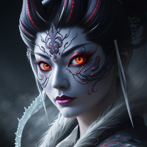 Mystical Yōkai with Glowing Eyes in Misty Atmosphere