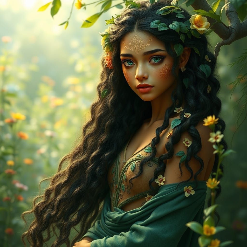 Nature Goddess with Golden Skin and Leaf Markings in Vibrant...