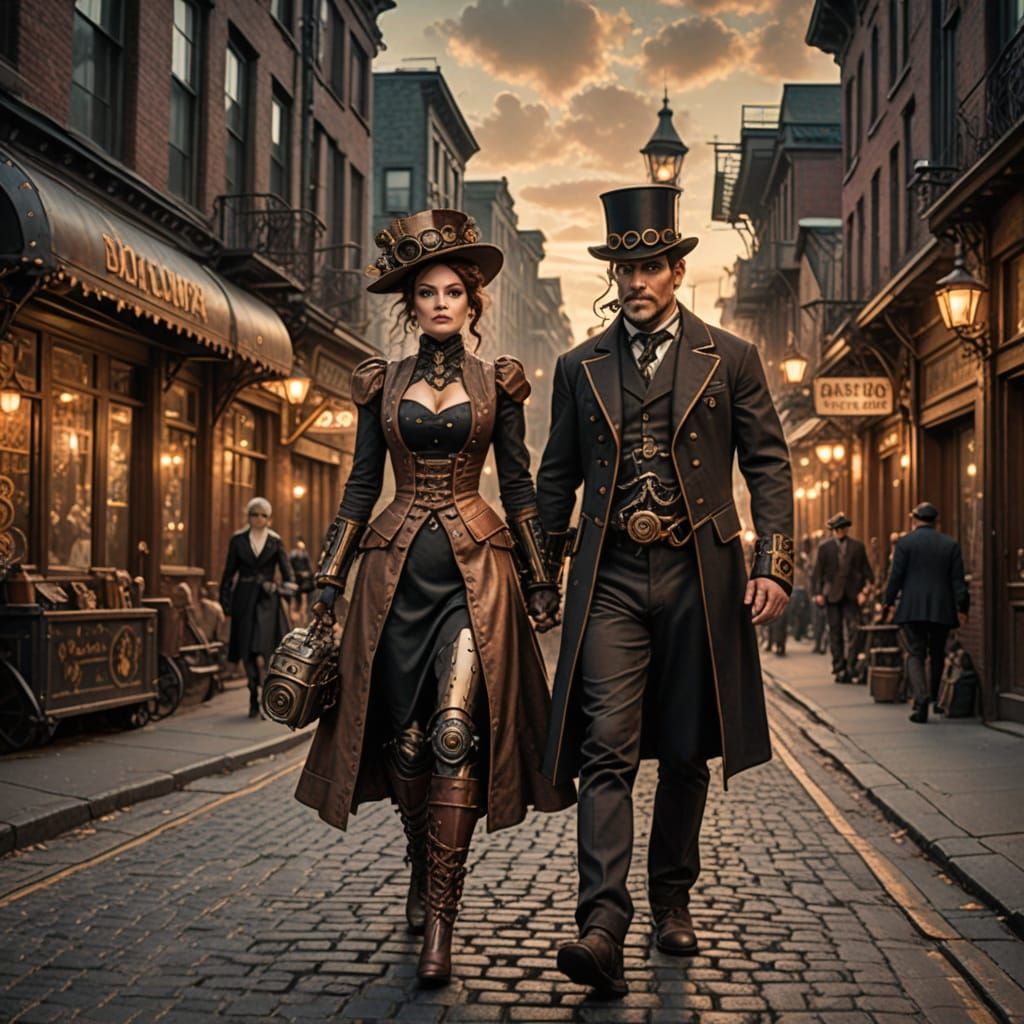 Steampunk Couple in 1800s City Evening