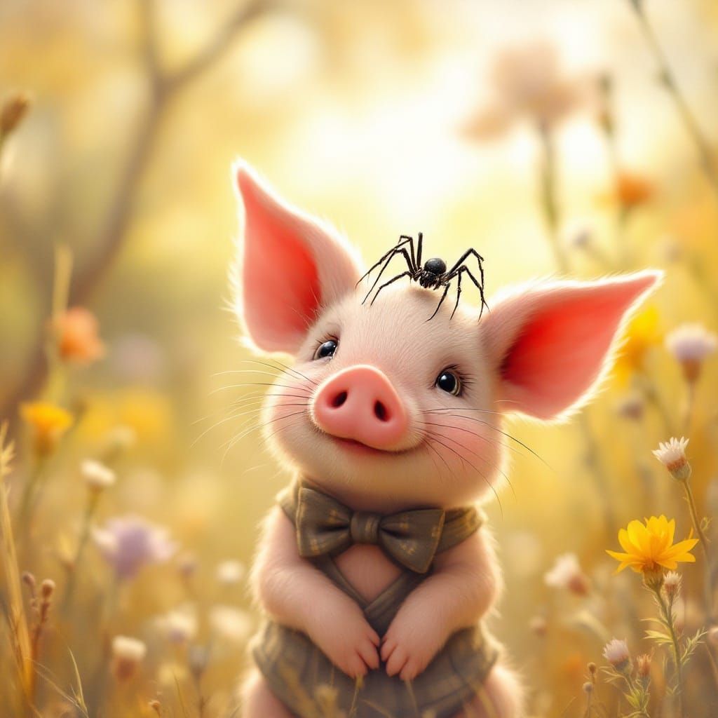 Whimsical Piglet with Spider Friend in Sunny Meadow