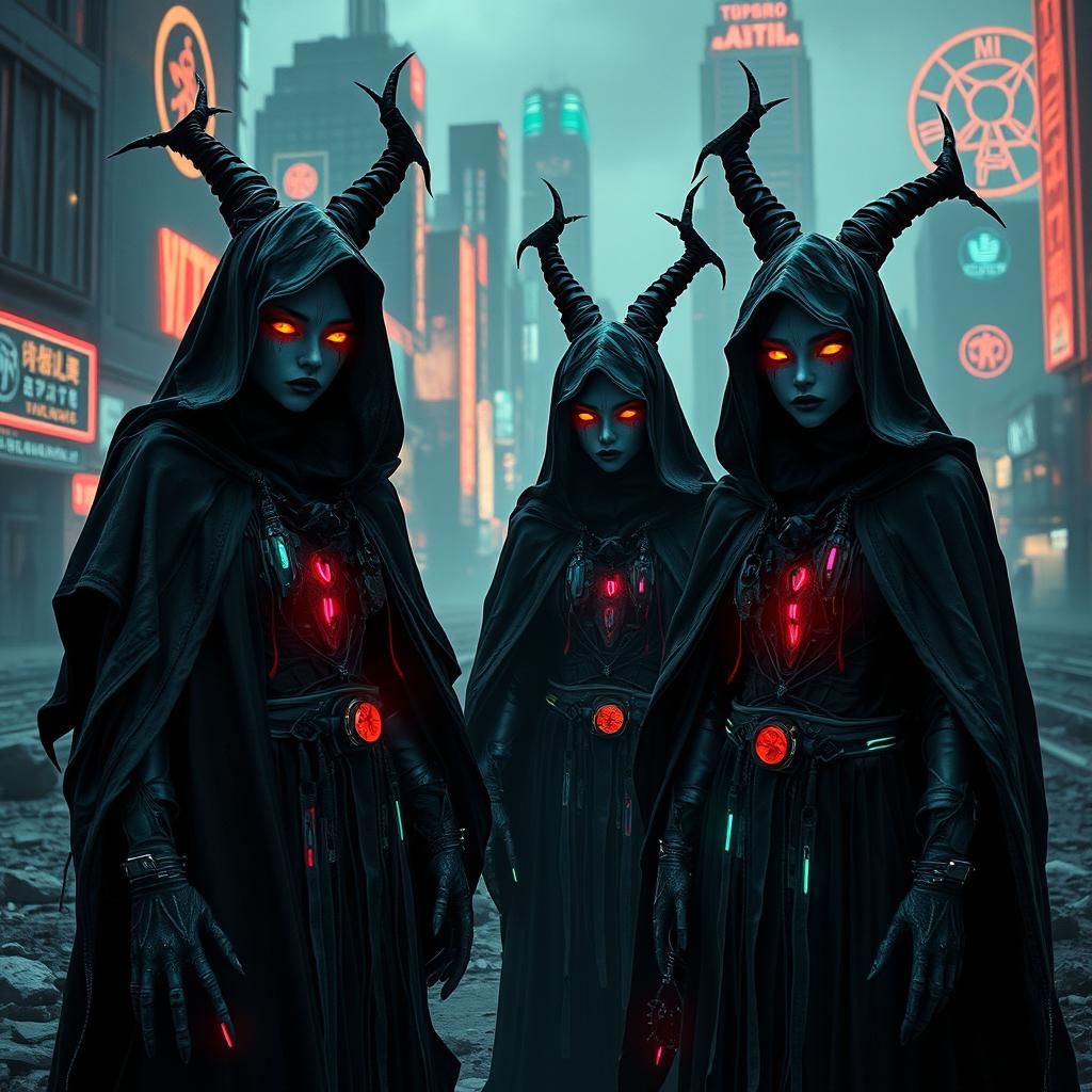 Cyberpunk Witches in Dystopian Cityscape