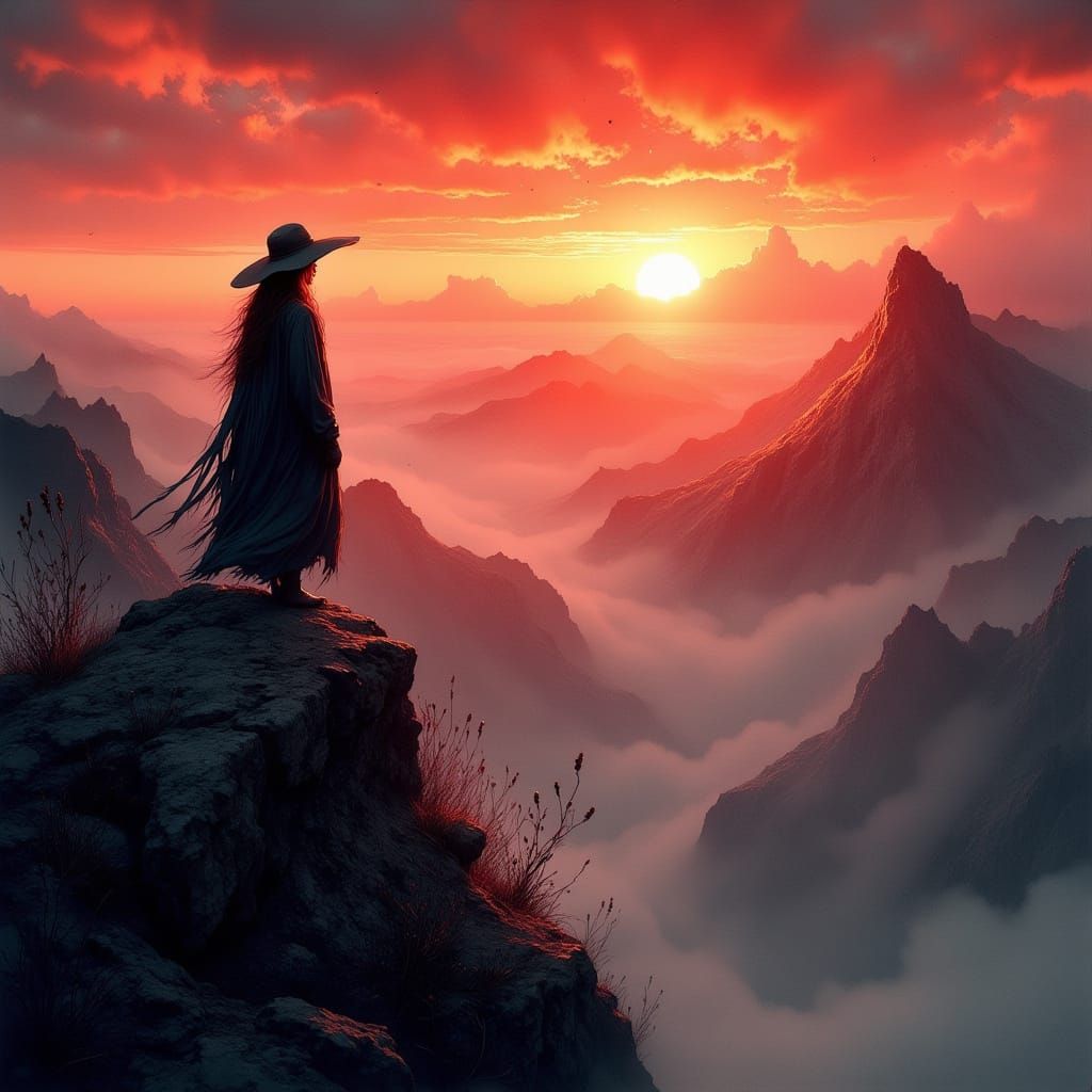 Lone Figure at Sunset, Classic Landscape Painting