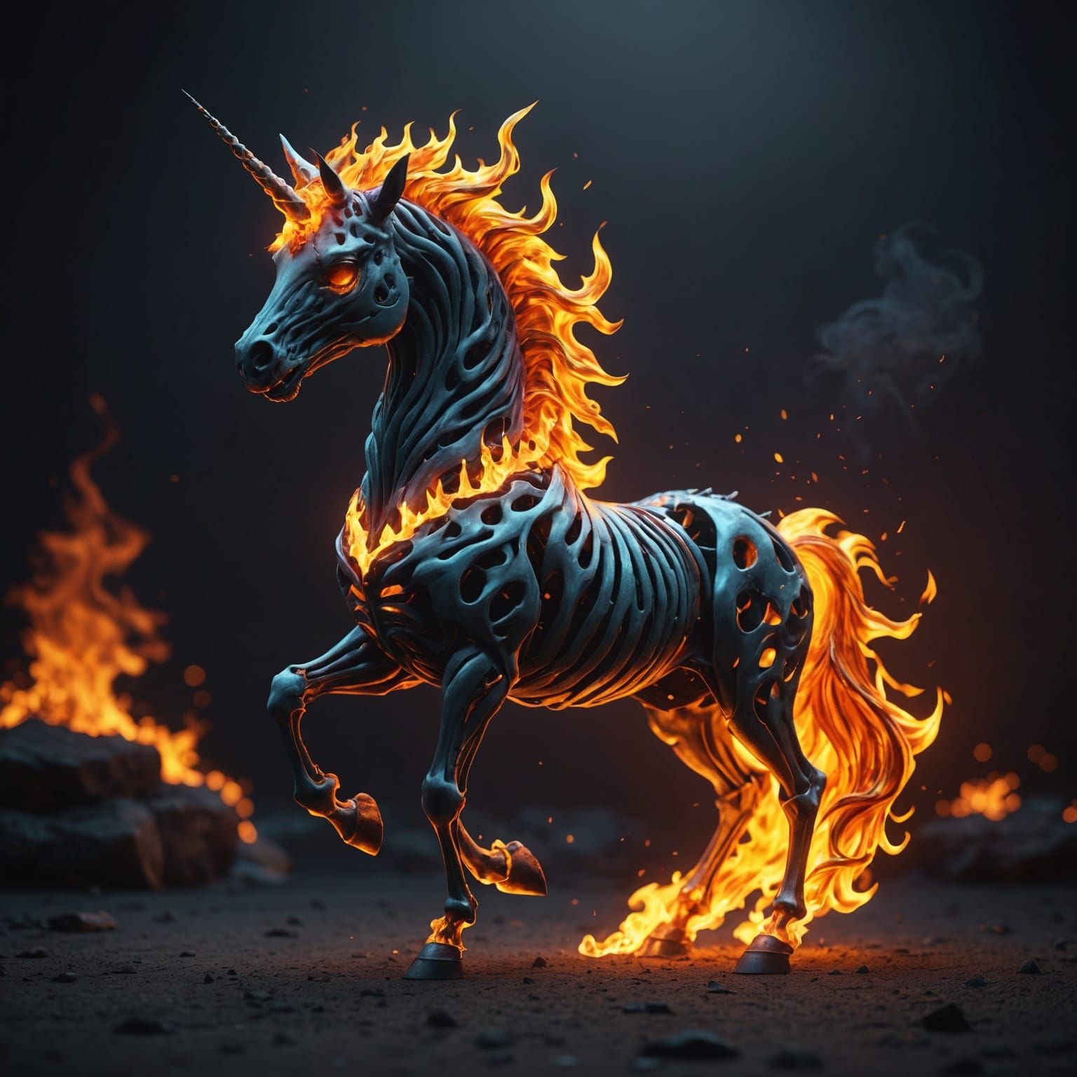 Fiery Skeletal Unicorn in Rainbow Flames