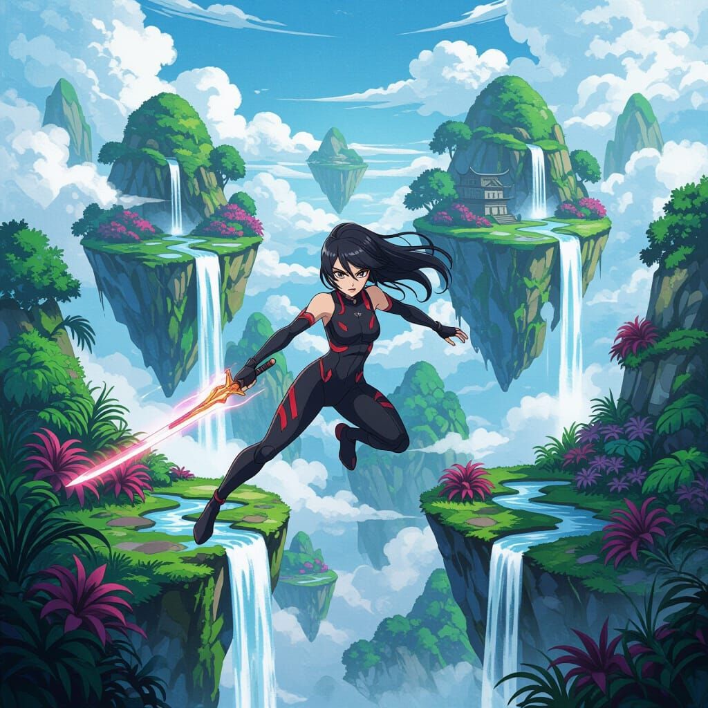 Anime Girl Leaps Chasm in Fantastical Realm