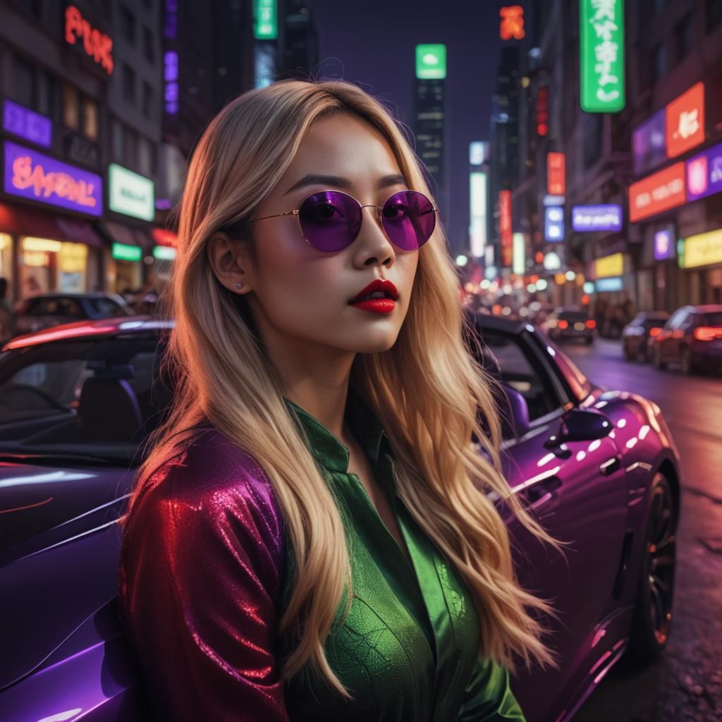 Asian Woman with Sports Car in Digital Painting