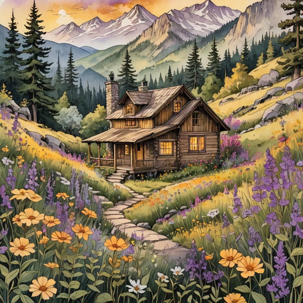 Rustic Cabin in Bloom: Pen and Ink Mountain Scene