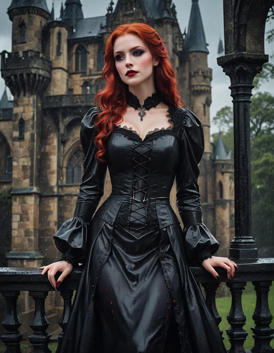 Redhead Vampire in Rainy Gothic Castle