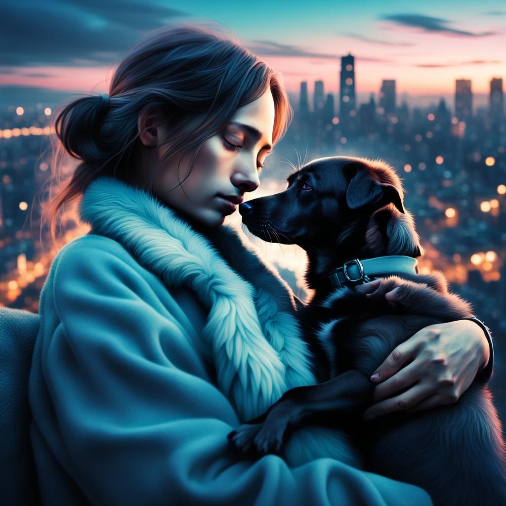 Surreal Dusk: Person Holds Sleeping Dog