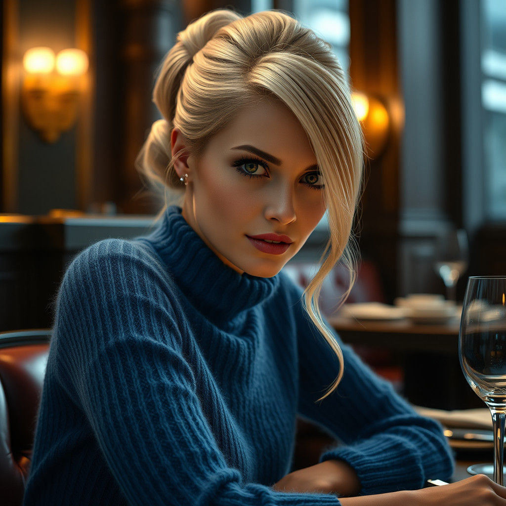 Elegant Blond Woman in Restaurant, Fantasy Concept Art