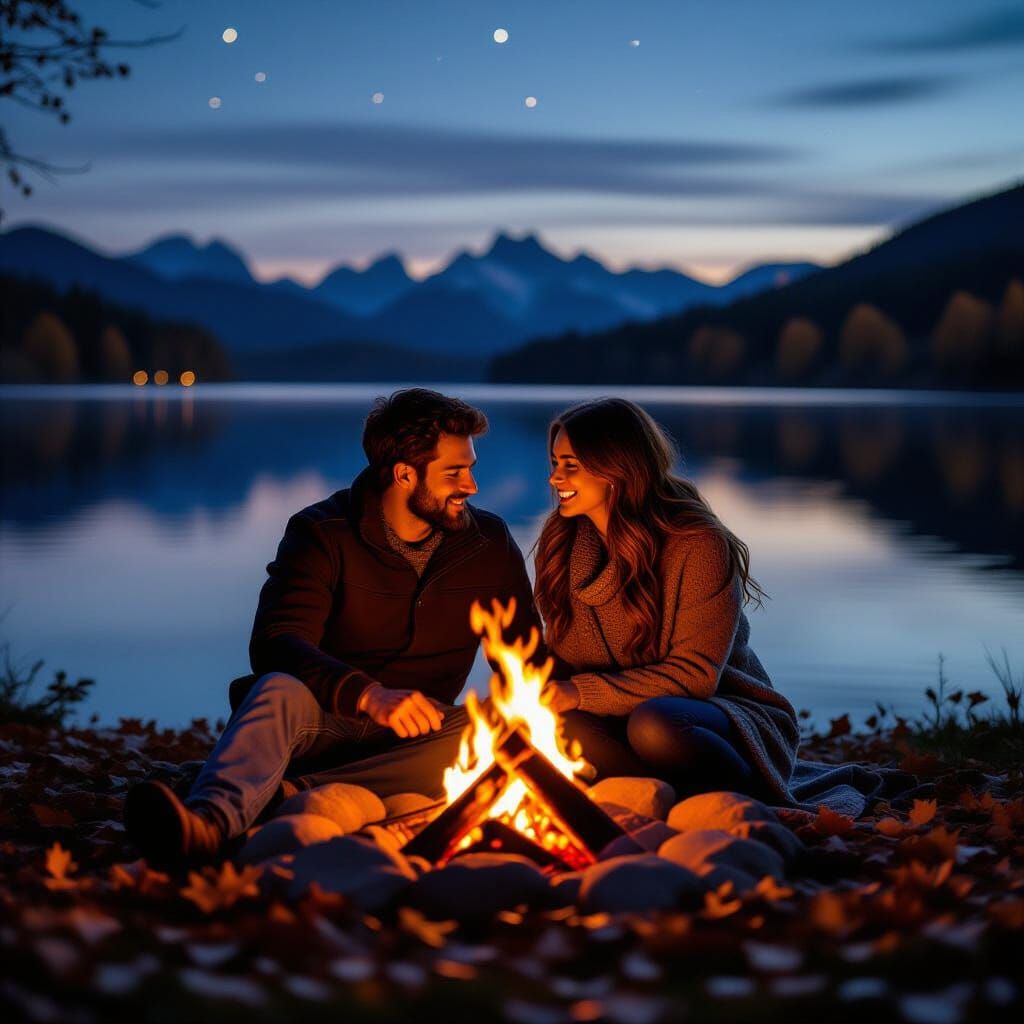 Romantic Bonfire Scene by Lake in DSLR Style