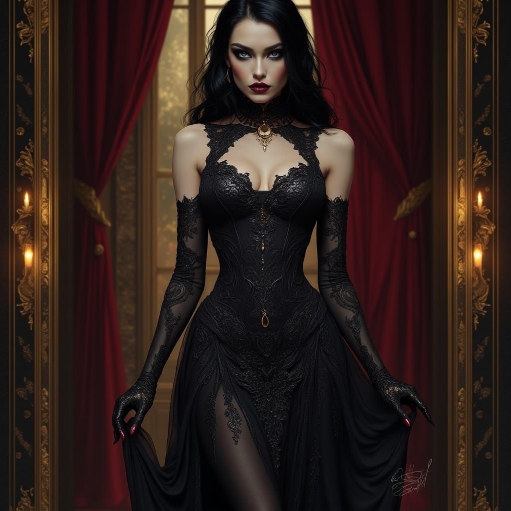 Enchanting Woman in Opulent Boudoir, Cyberpunk-Inspired Digi...