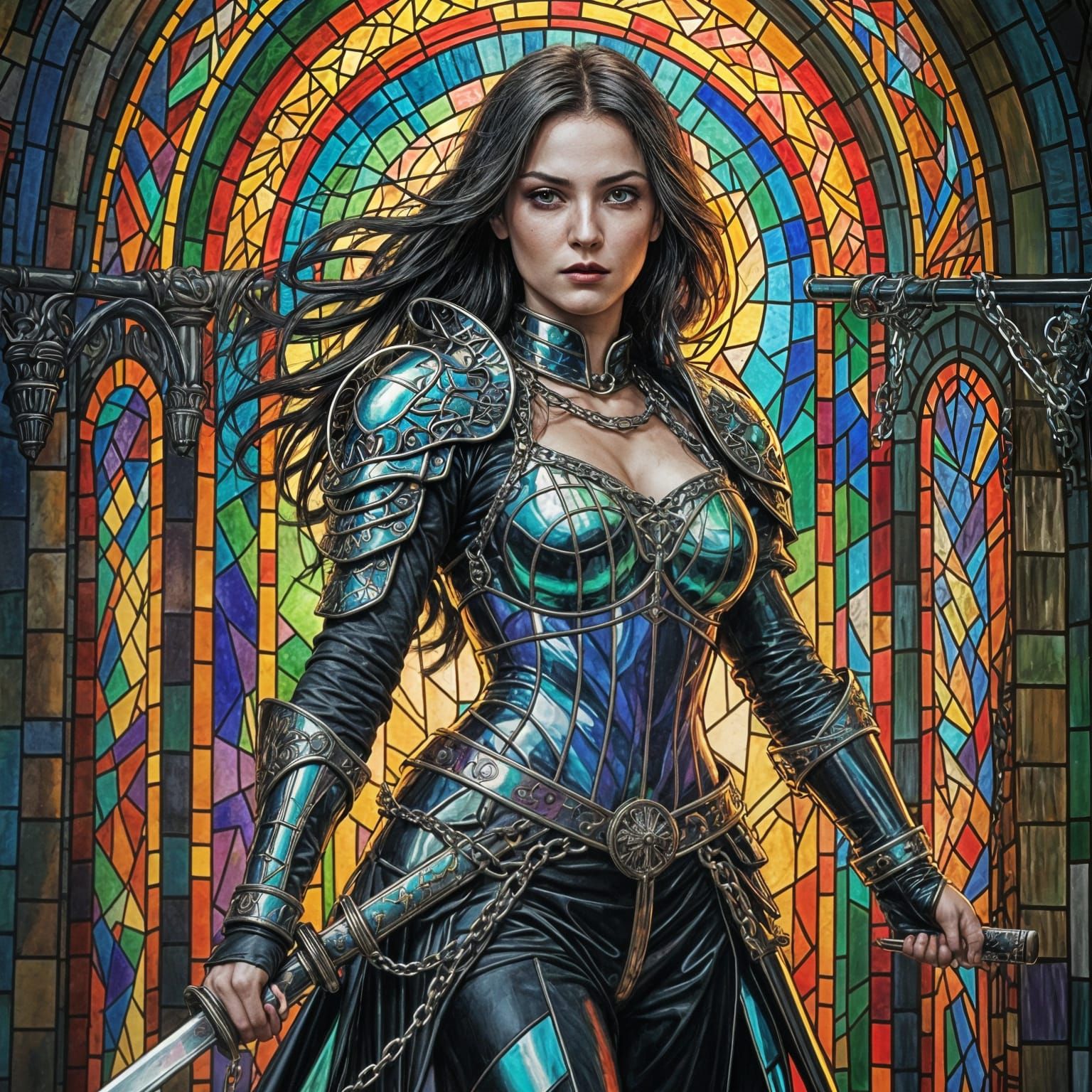 Gothic Warrior Goddess in Vibrant Stained Glass