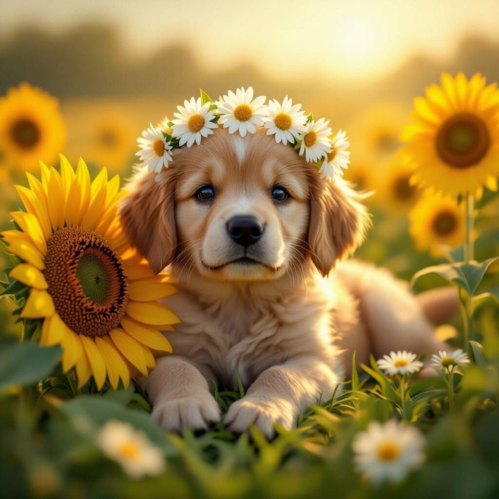 Golden Retriever Puppy in Sunflower Field, 3D Digital Art