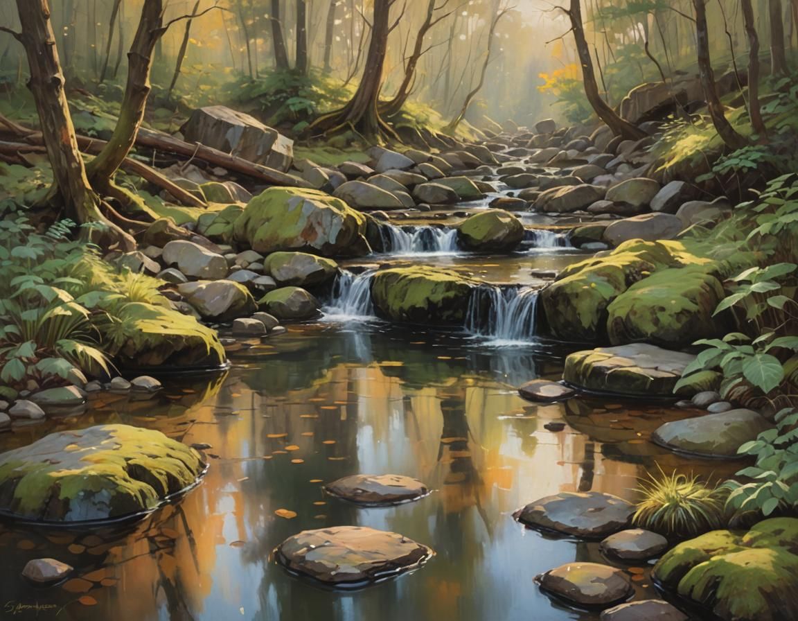 Warm Golden Landscape with Mossy Rocks and Serene Pool