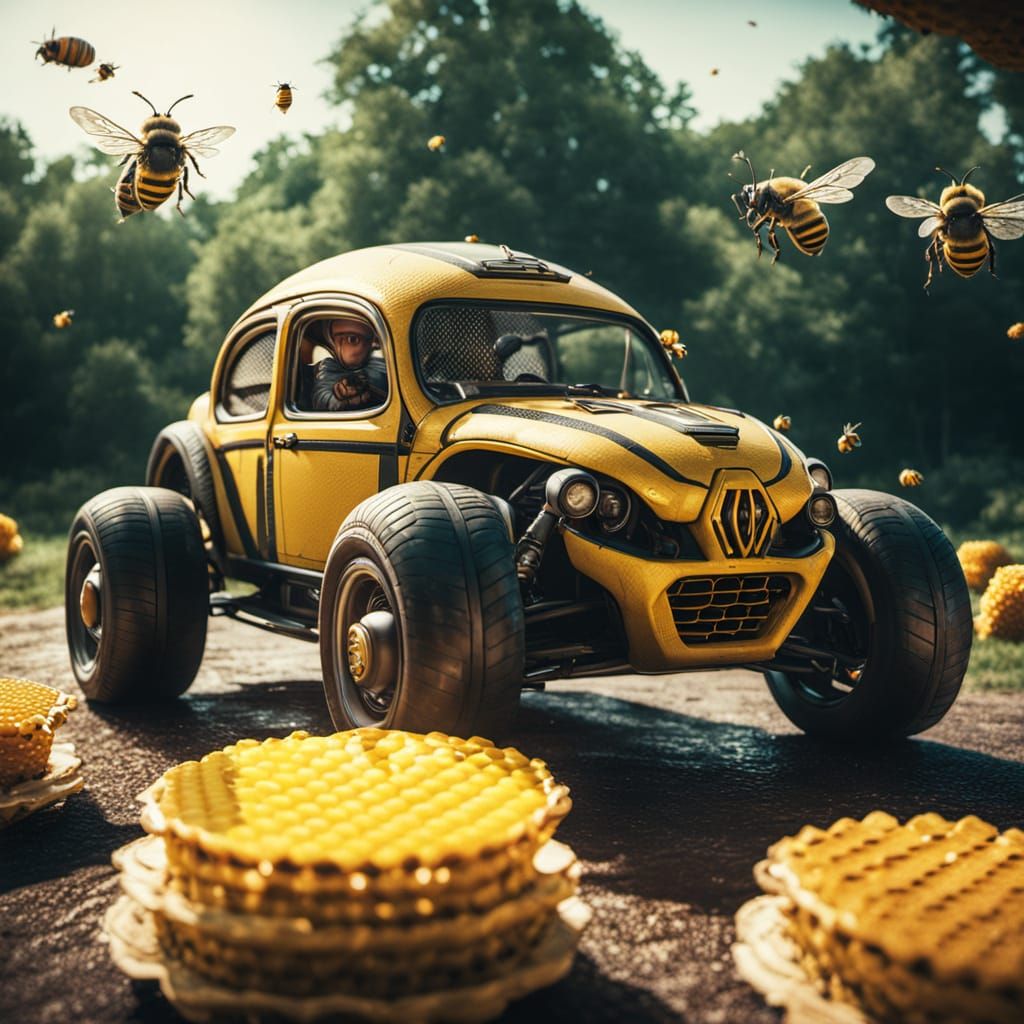 A Bee in a Bee Car Enters a Honeycomb in Cinematic Style