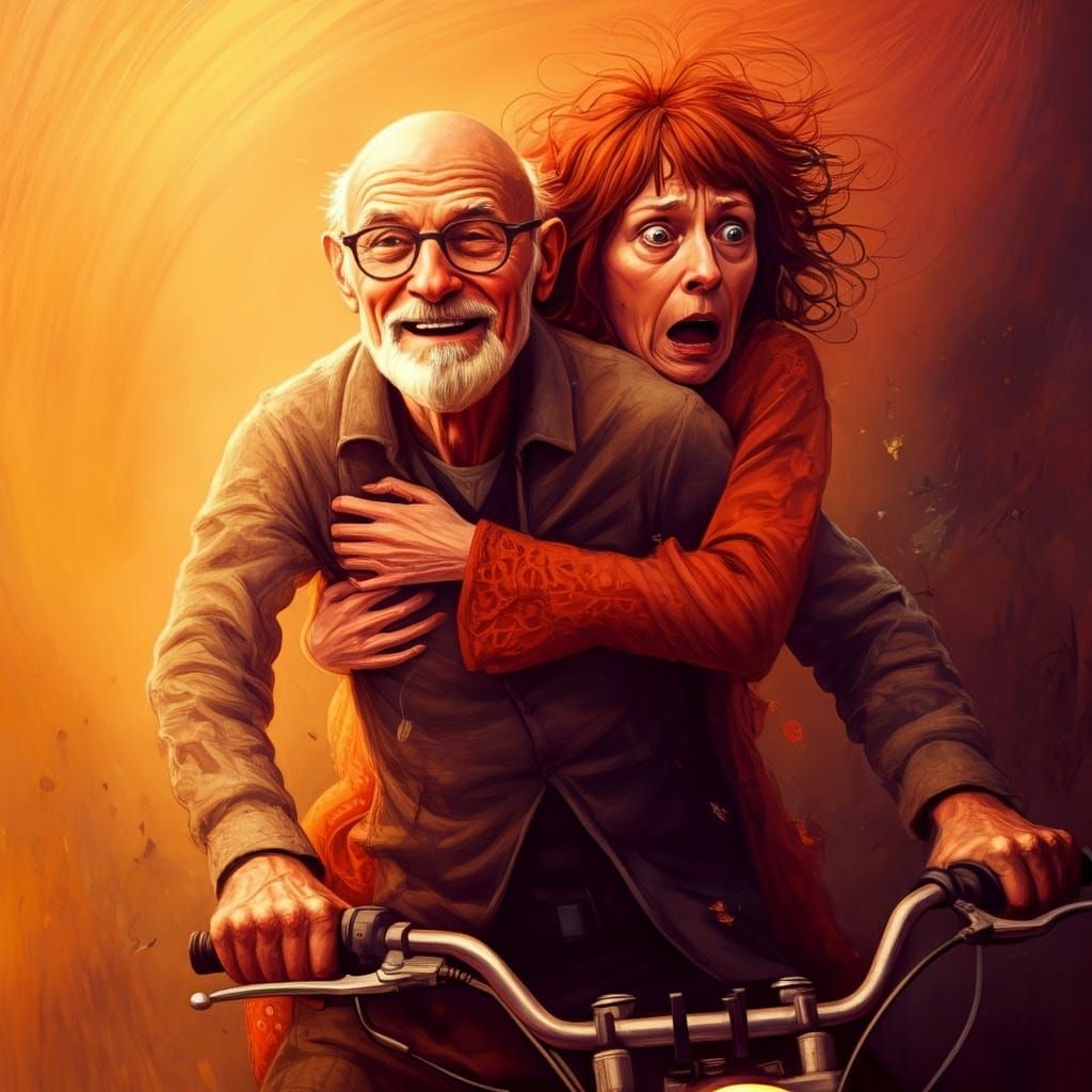 Action Portrait of Happy Motorcyclist with Terrified Wife