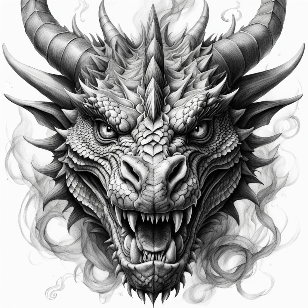 Detailed Pencil Sketch of a Dragon Head