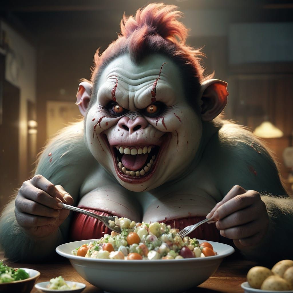 Anime Zombie Monkey Monster Clown in Cel-Shaded Hyper-Realis...