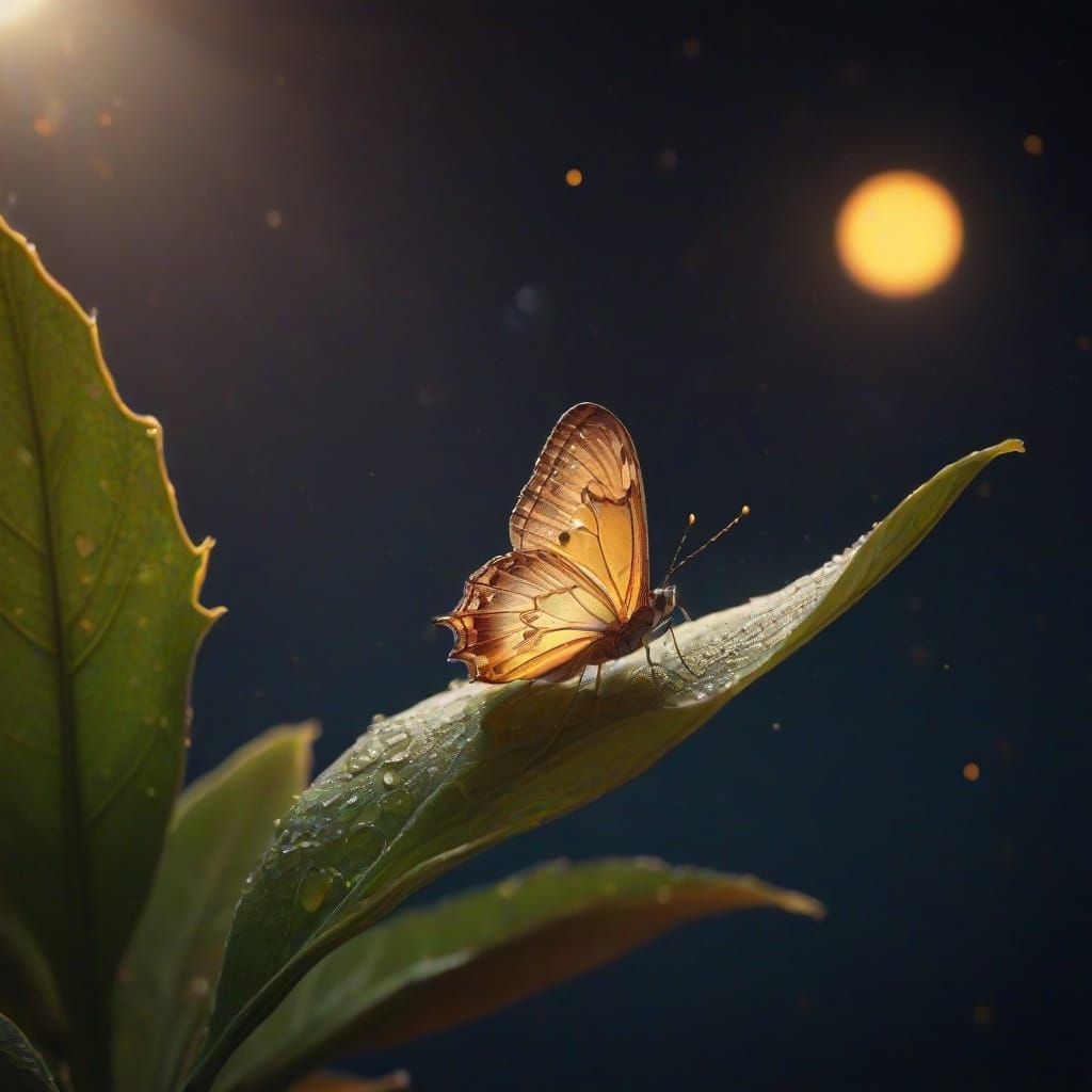 Dreamy Nighttime Scene with Firefly and Leaf