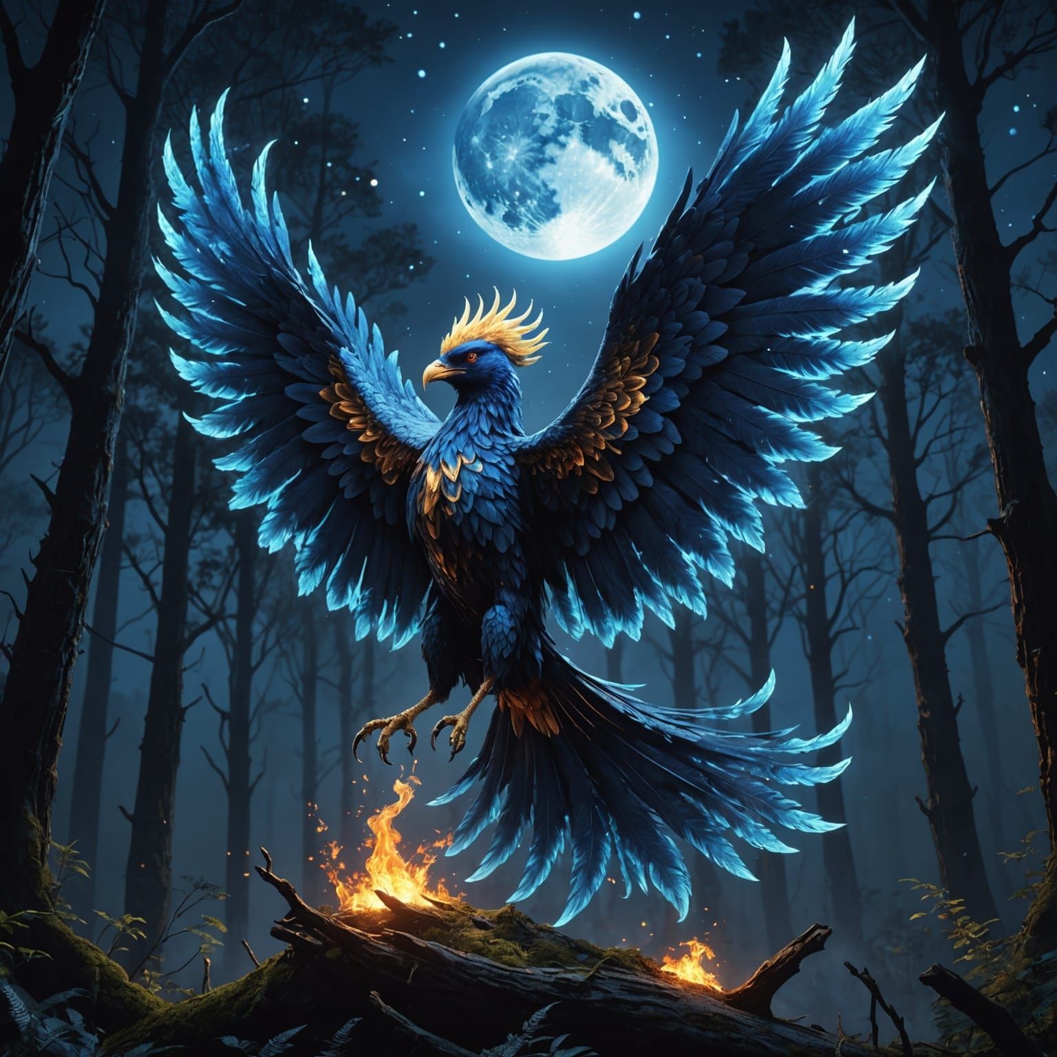 Blue Flame Phoenix Flight Under Starry Moon
