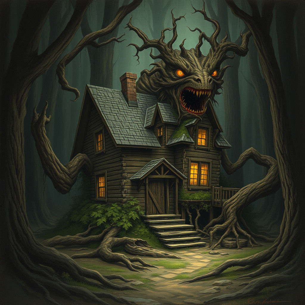 Rustic House Transforms into Monster in Dark Woods