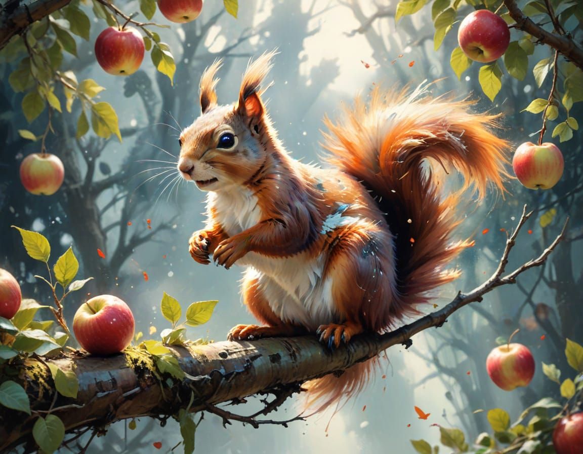 Squirrel Leaping: Neo-Impressionist Autumn Oil Painting