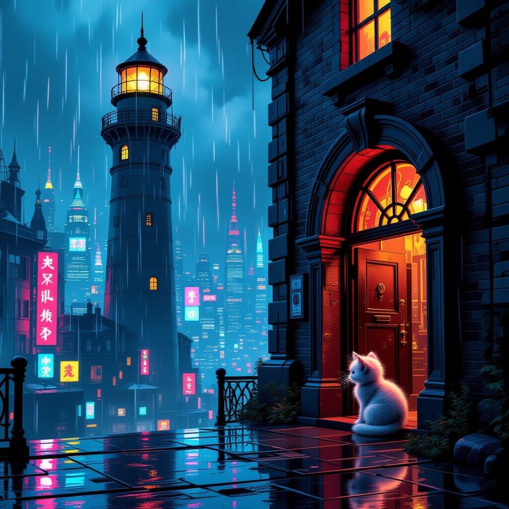 Cyberpunk Lighthouse Amidst Neon City Storm