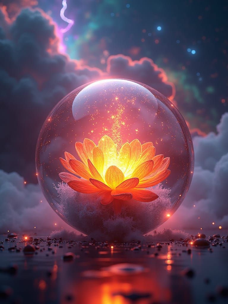 Glowing Fire Flower in Glass Orb, Galaxy Background