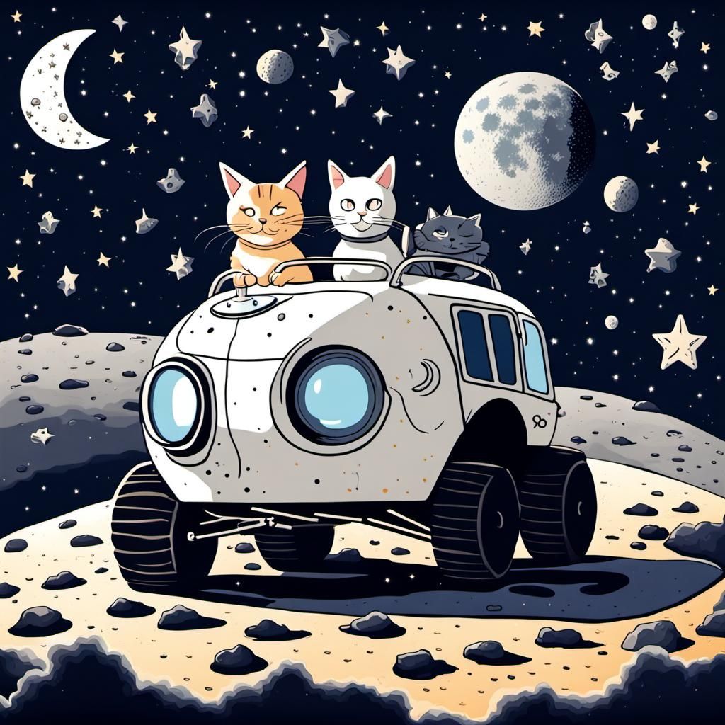 Cat Drives Lunar Vehicle on Starry Moon