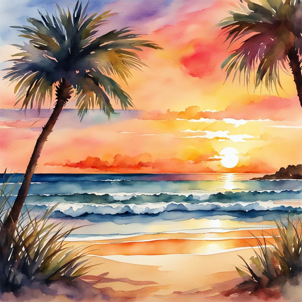 Beach Sunset in Detailed Watercolor Style