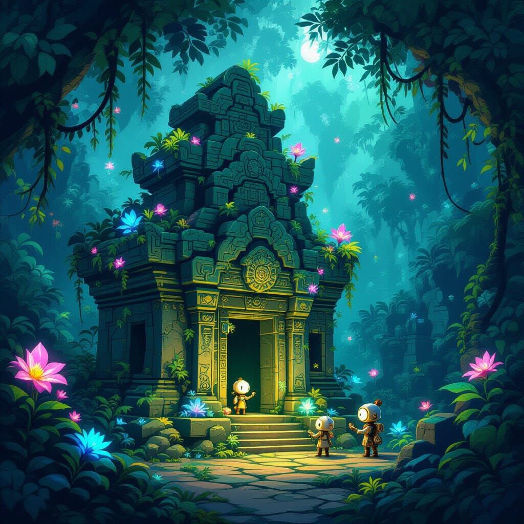 Whimsical Hidden Temple in Bioluminescent Jungle