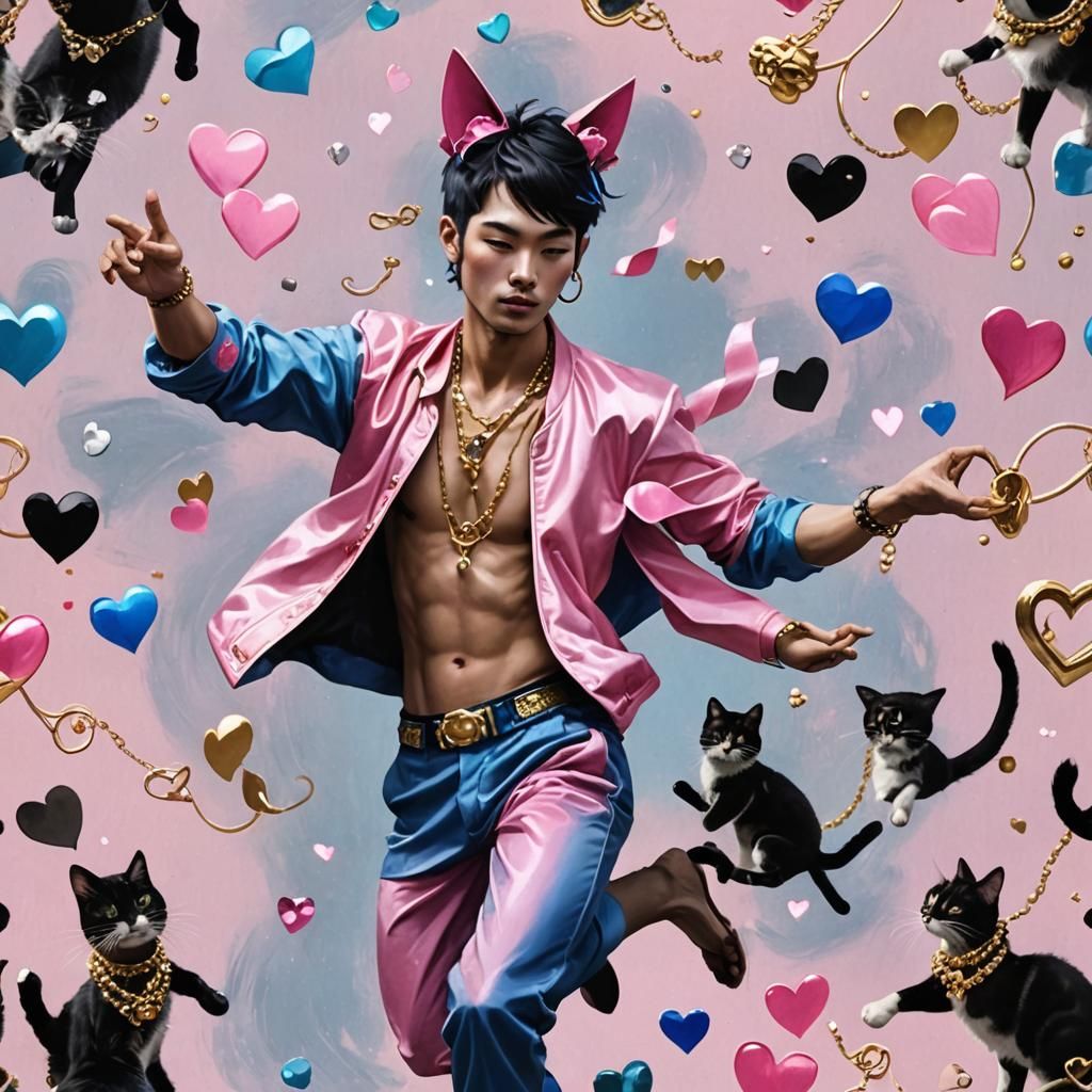 Dreamlike Asian Man with Cat Ears Dancing