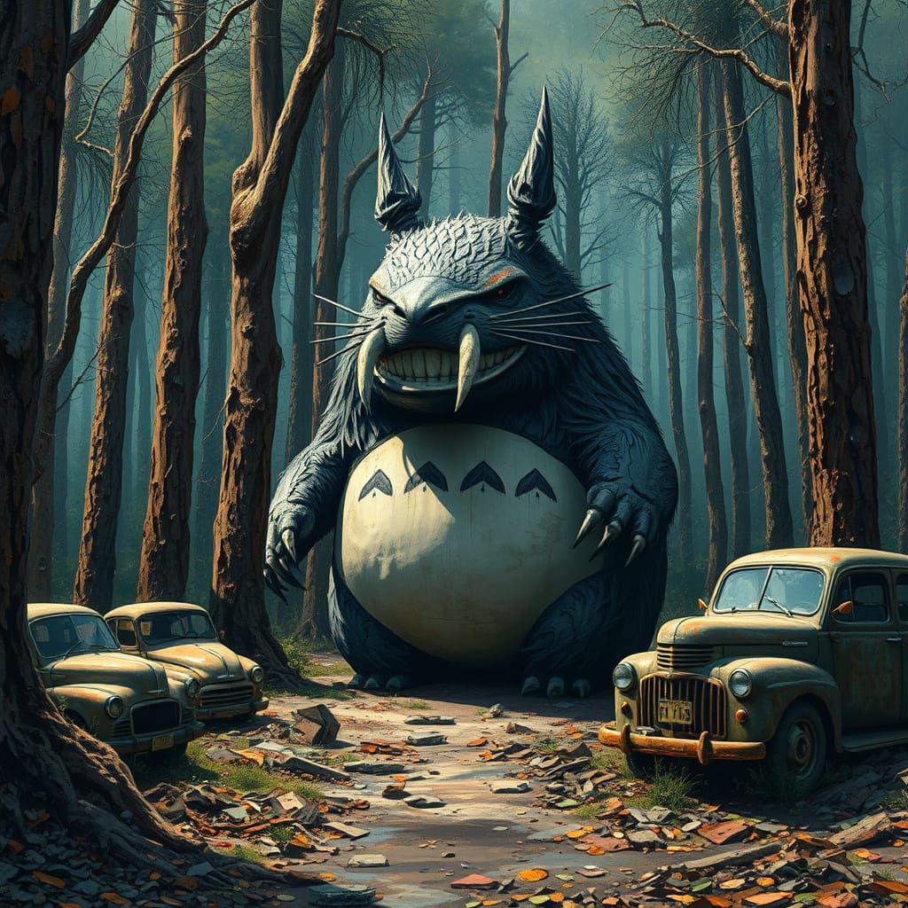 Totoro Smilodon Hybrid in Surrealist Forest