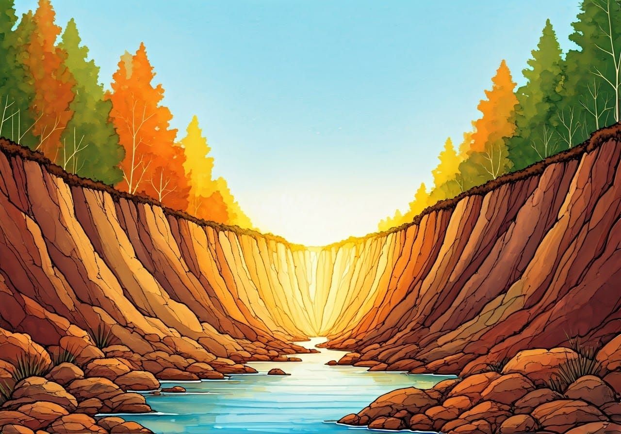 Tranquil Rocky Ravine Landscape in Alcohol Ink Style