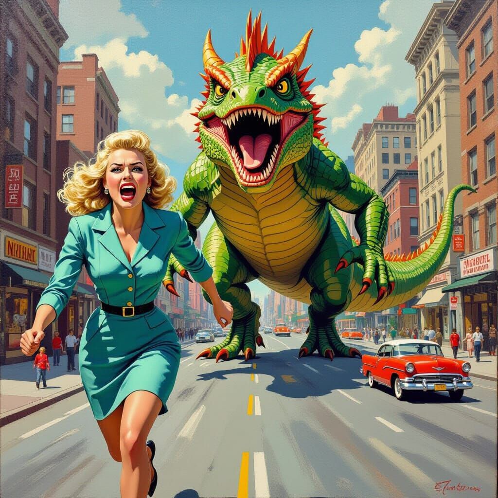 Woman Fleeing Giant Lizard in Retro Pop Art