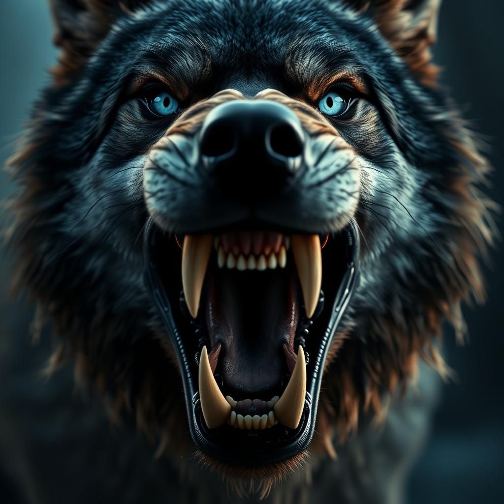 Majestic Snarling Wolf Close-Up in Photorealistic Style
