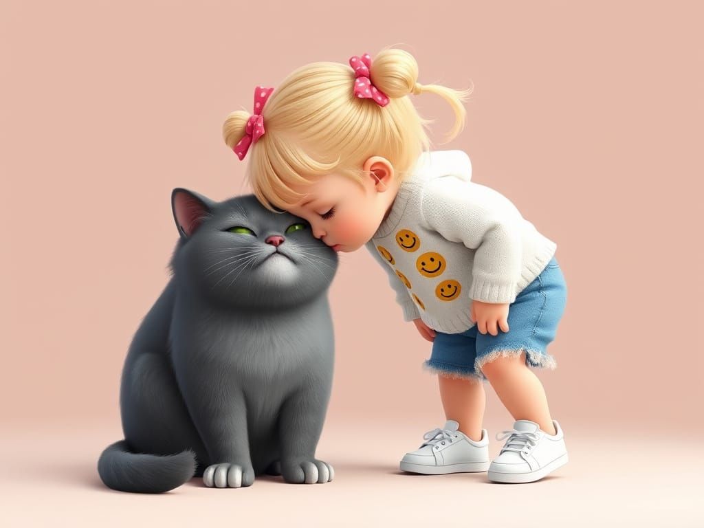 Charming Toddler Girl and Cat in Adorable Pixar-Inspired Sce...